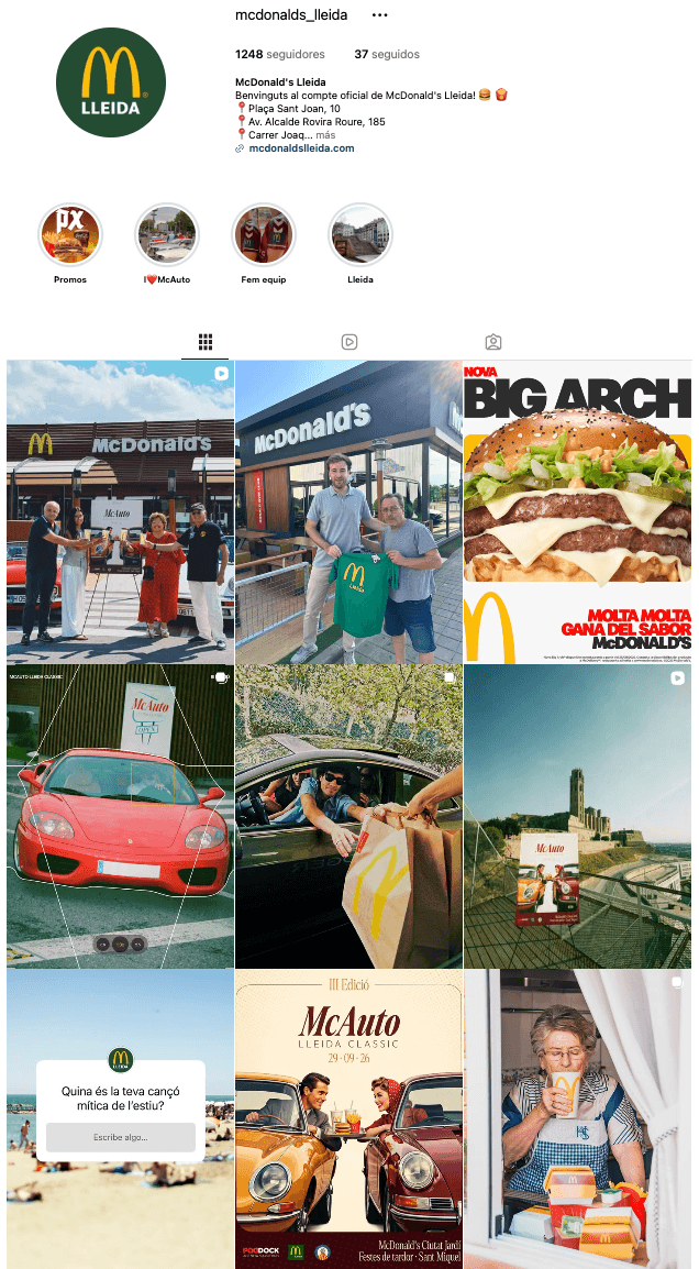 Cuadrícula del perfil de Instagram de McDonald's Lleida