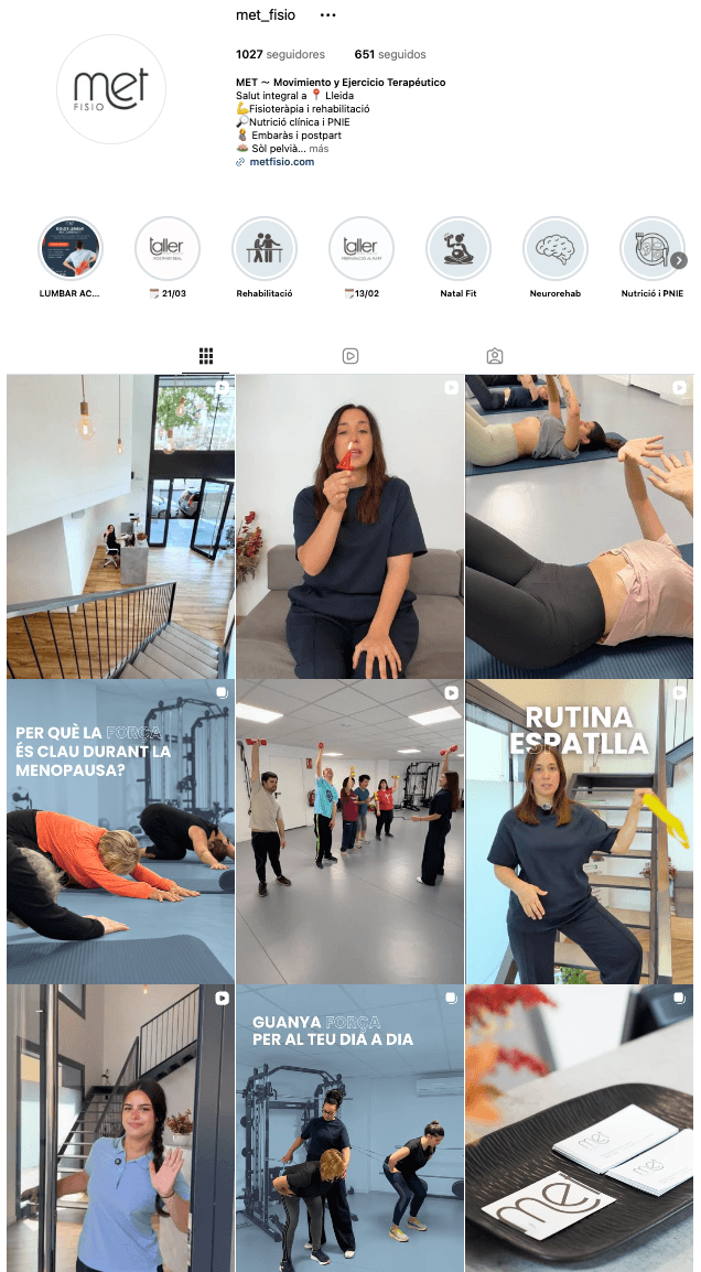 Cuadrícula del perfil de Instagram de MET Fisioteràpia
