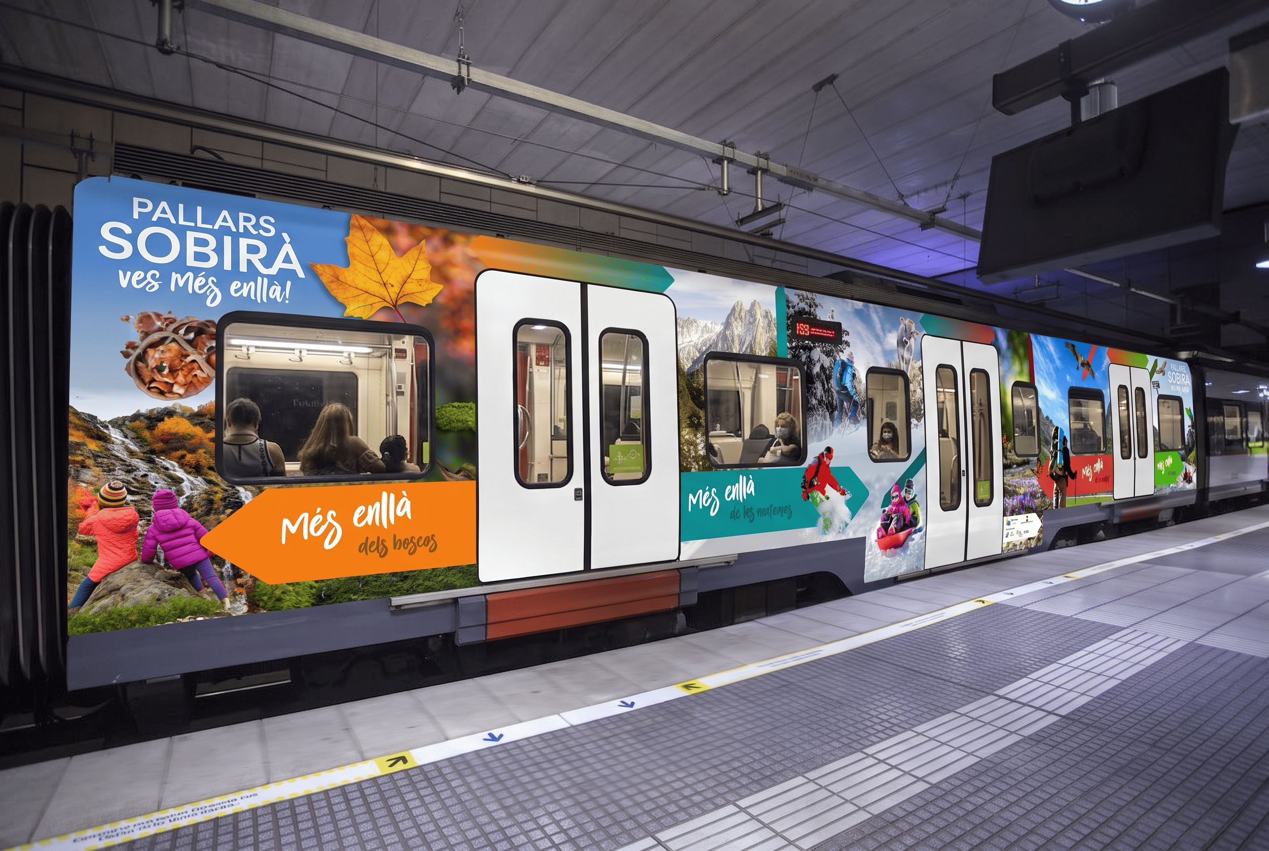 Mockup de la rotulación de Pallars Sobirà aplicada sobre un tren en el andén