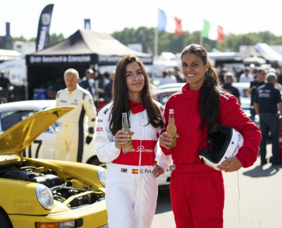Las pilotos Andrea y Silvia con la botella de Alemany